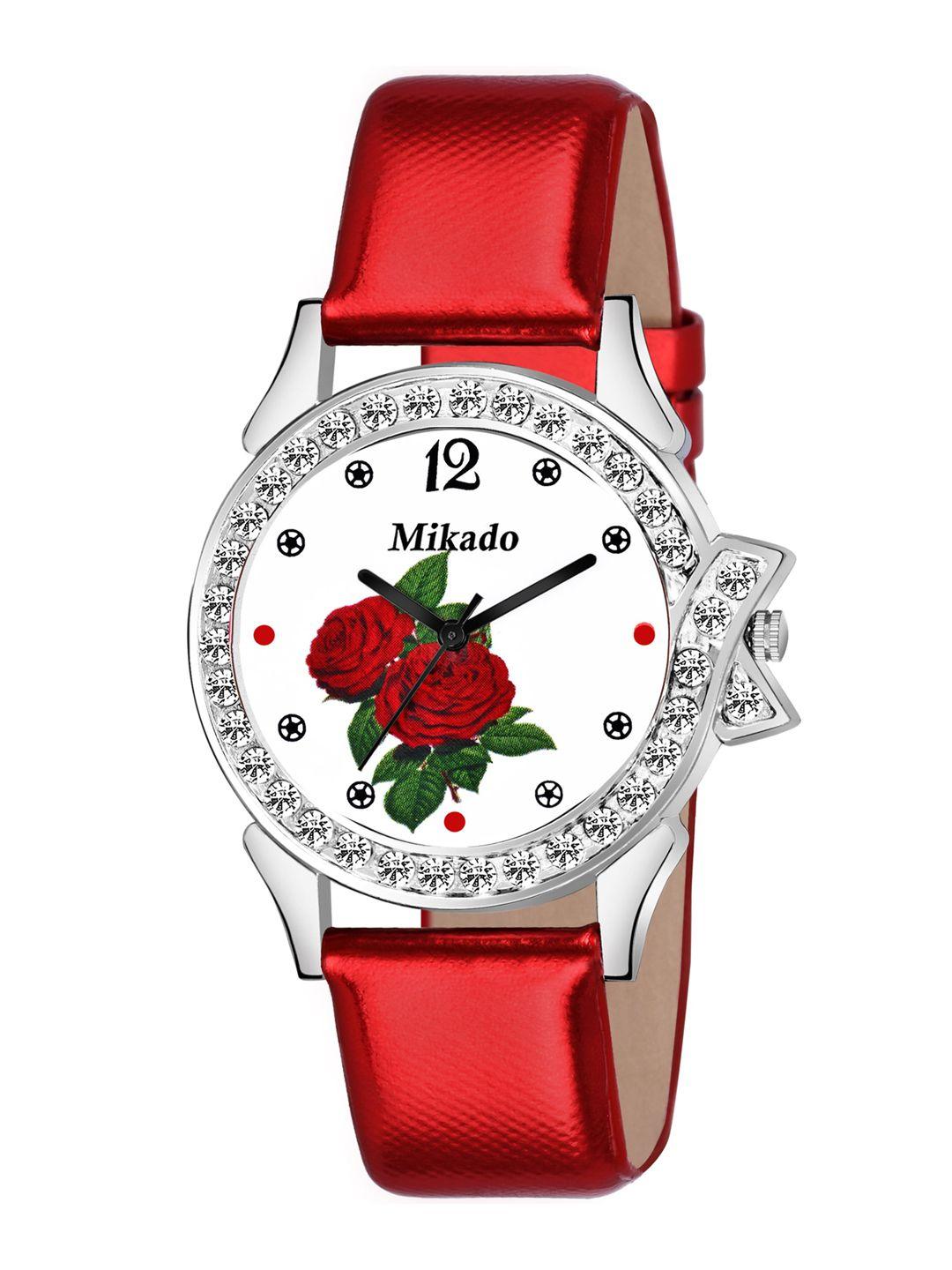 mikado women silver-toned brass printed dial & red leather straps analogue watch sk 1113