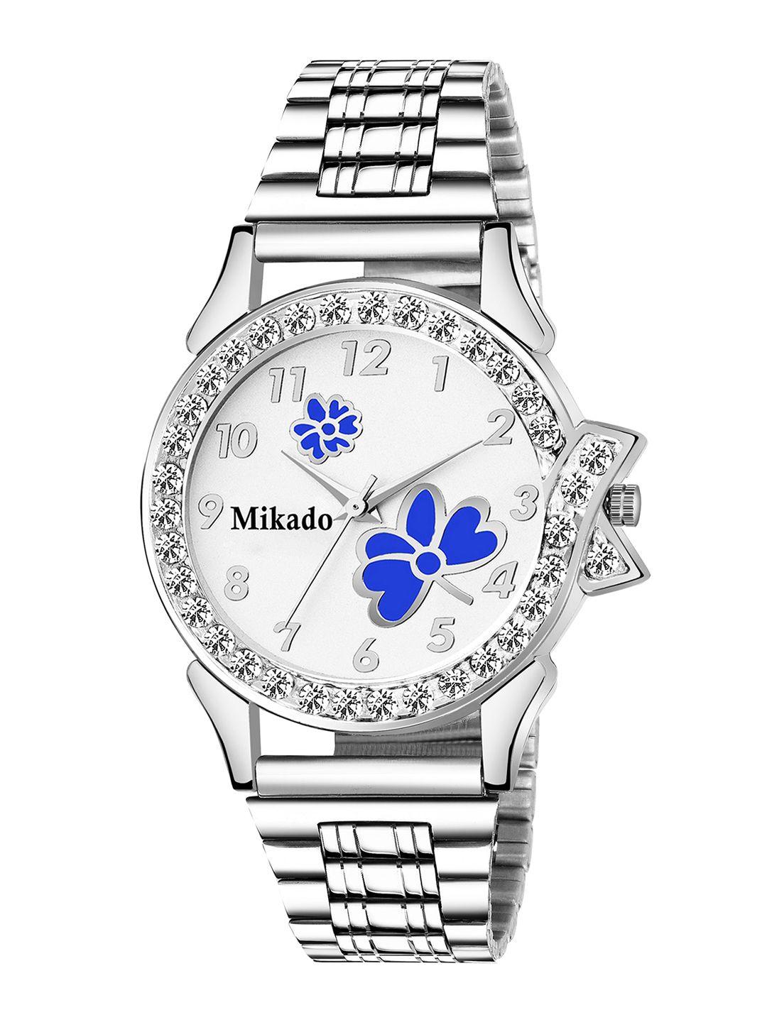 mikado women white brass dial & silver toned analogue watch-blue flower-multi-color