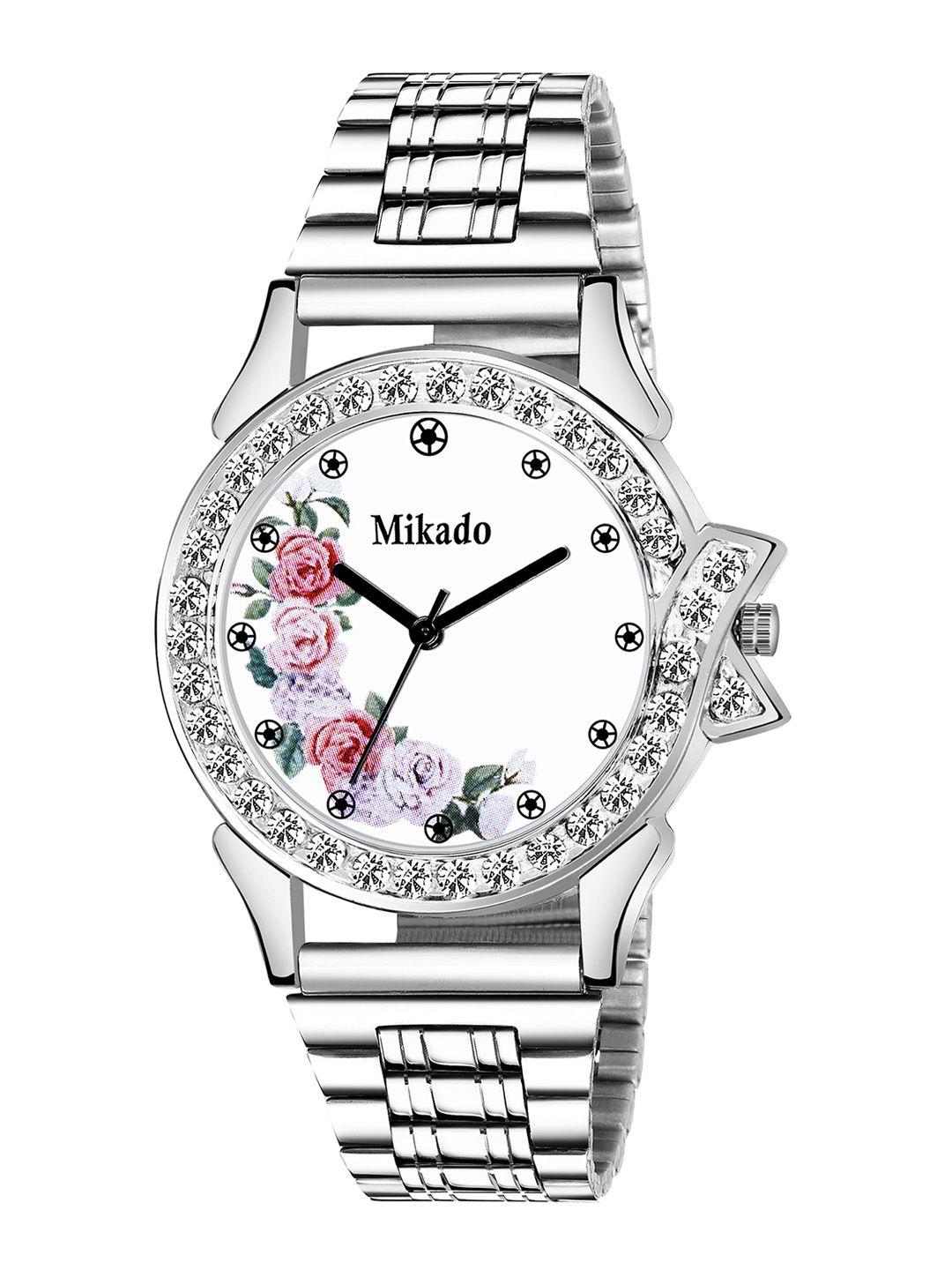 mikado women white brass dial & silver toned stainless steel analogue watch