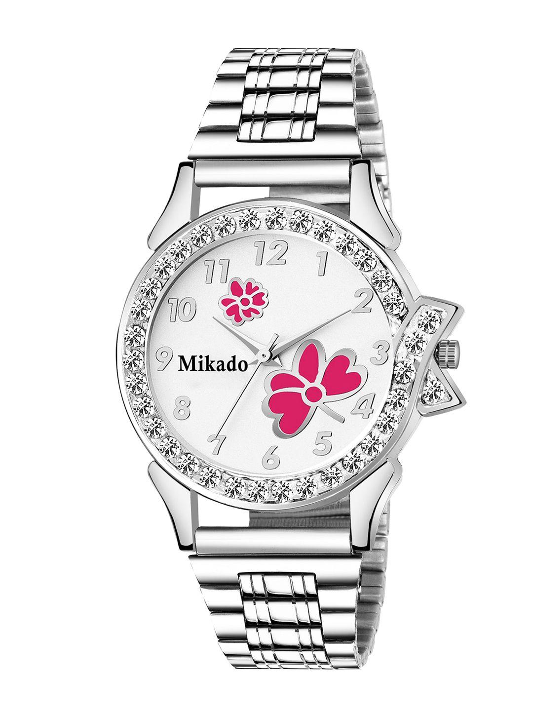 mikado women white brass embellished dial & silver toned stainless steel bracelet style straps analogue watch