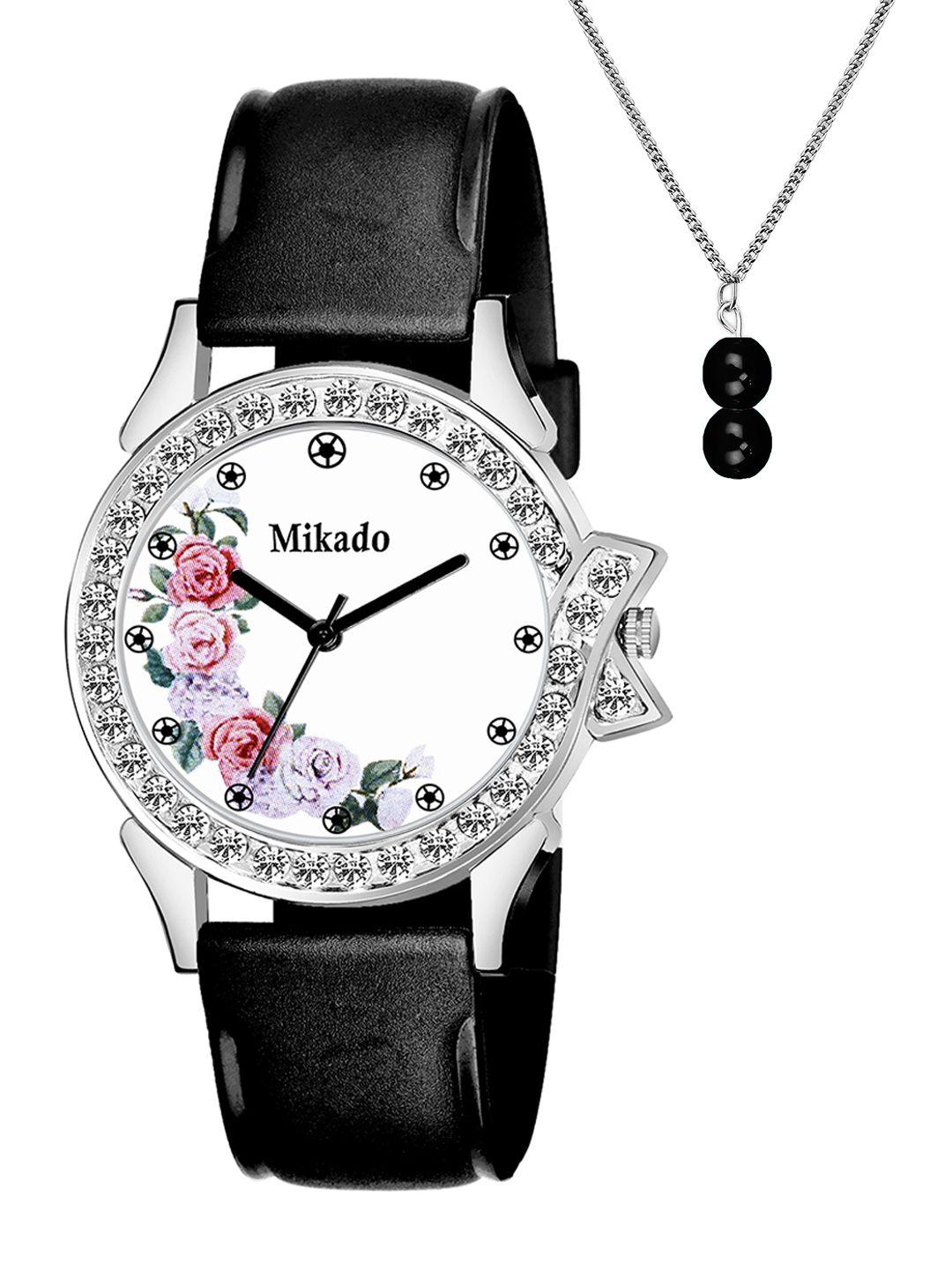 mikado women white brass printed dial & black leather wrap around straps analogue watch