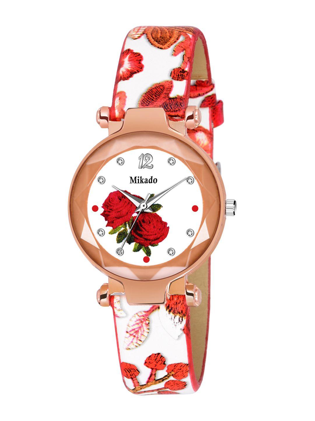 mikado women white printed dial & red leather straps analogue watch hh 1919