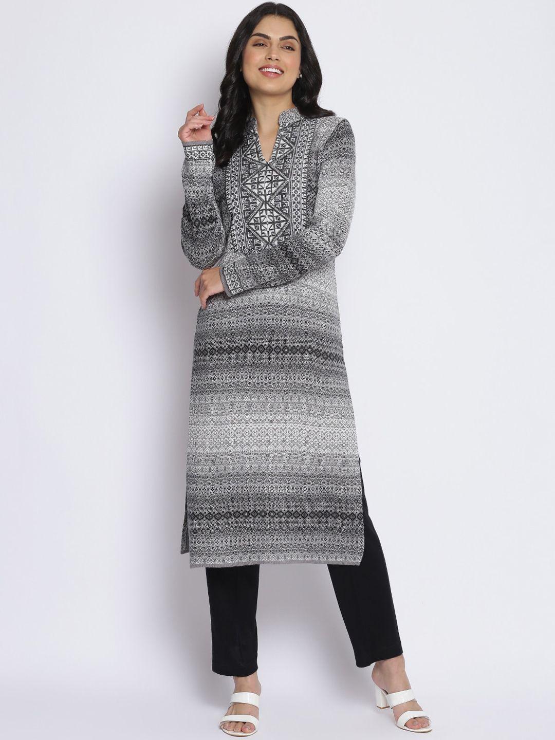 mikhad women grey & black geometric printed woollen acrylic kurta