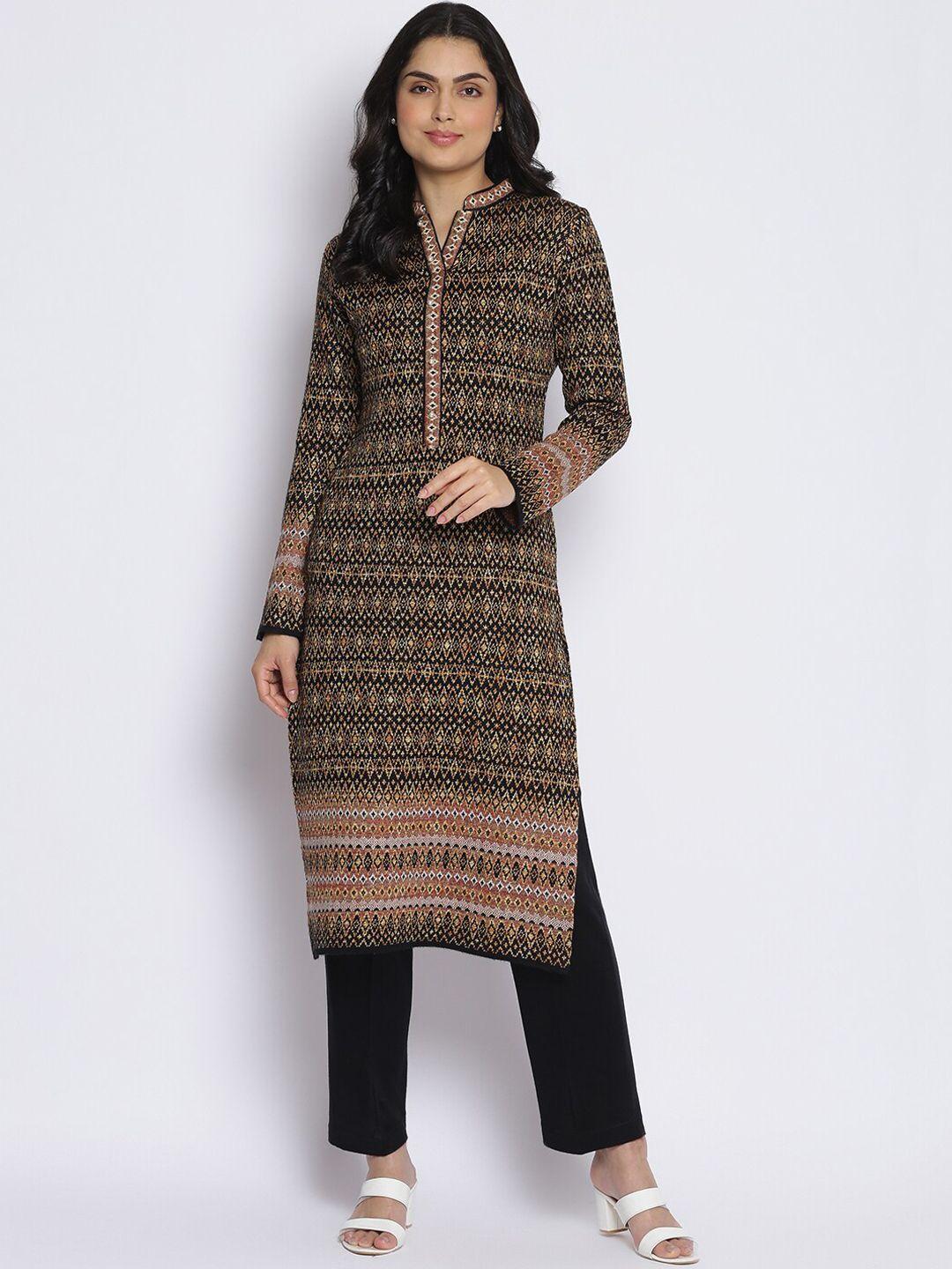 mikhad band collar woven design acrylic straight kurta with trousers