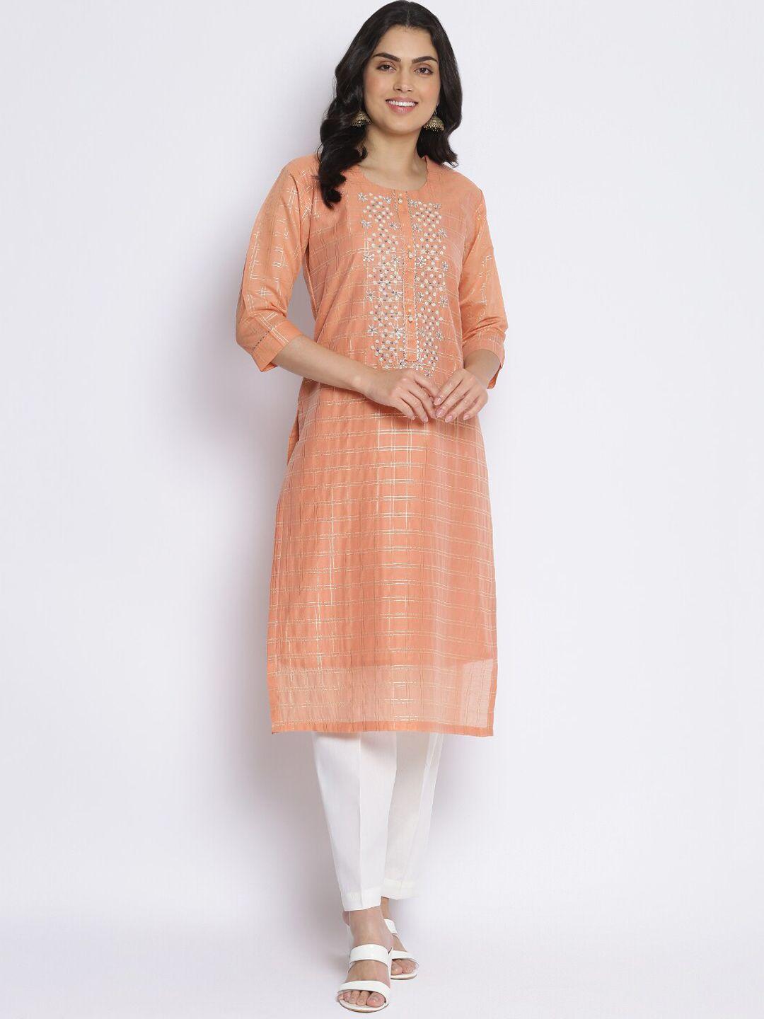 mikhad checked beads and stones detail pure cotton kurta