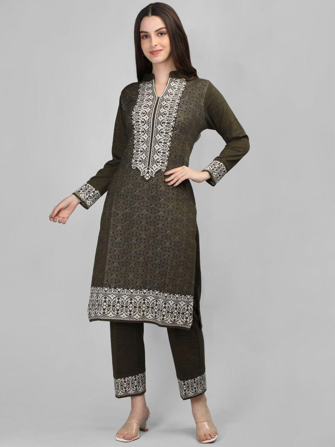 mikhad ethnic motifs printed mandarin collar knitted jacquard wool kurta with trousers