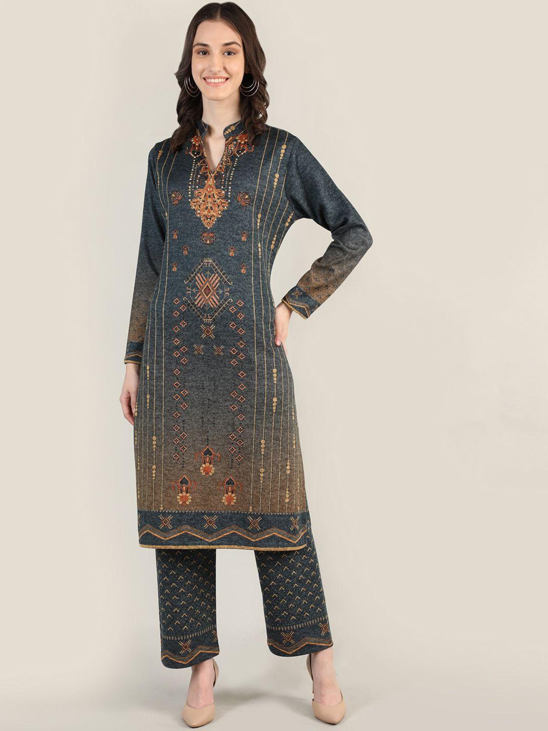 mikhad ethnic motifs self design band collar kurta with trousers & dupatta