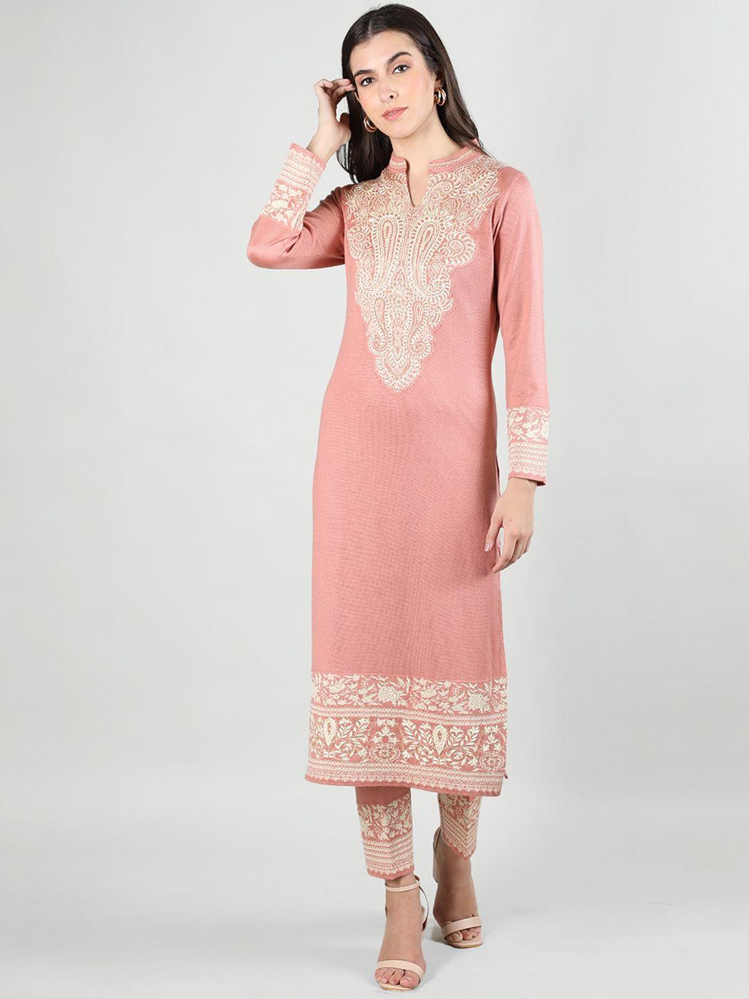 mikhad ethnic motifs woven design acrylic band collar kurta with trousers & dupatta