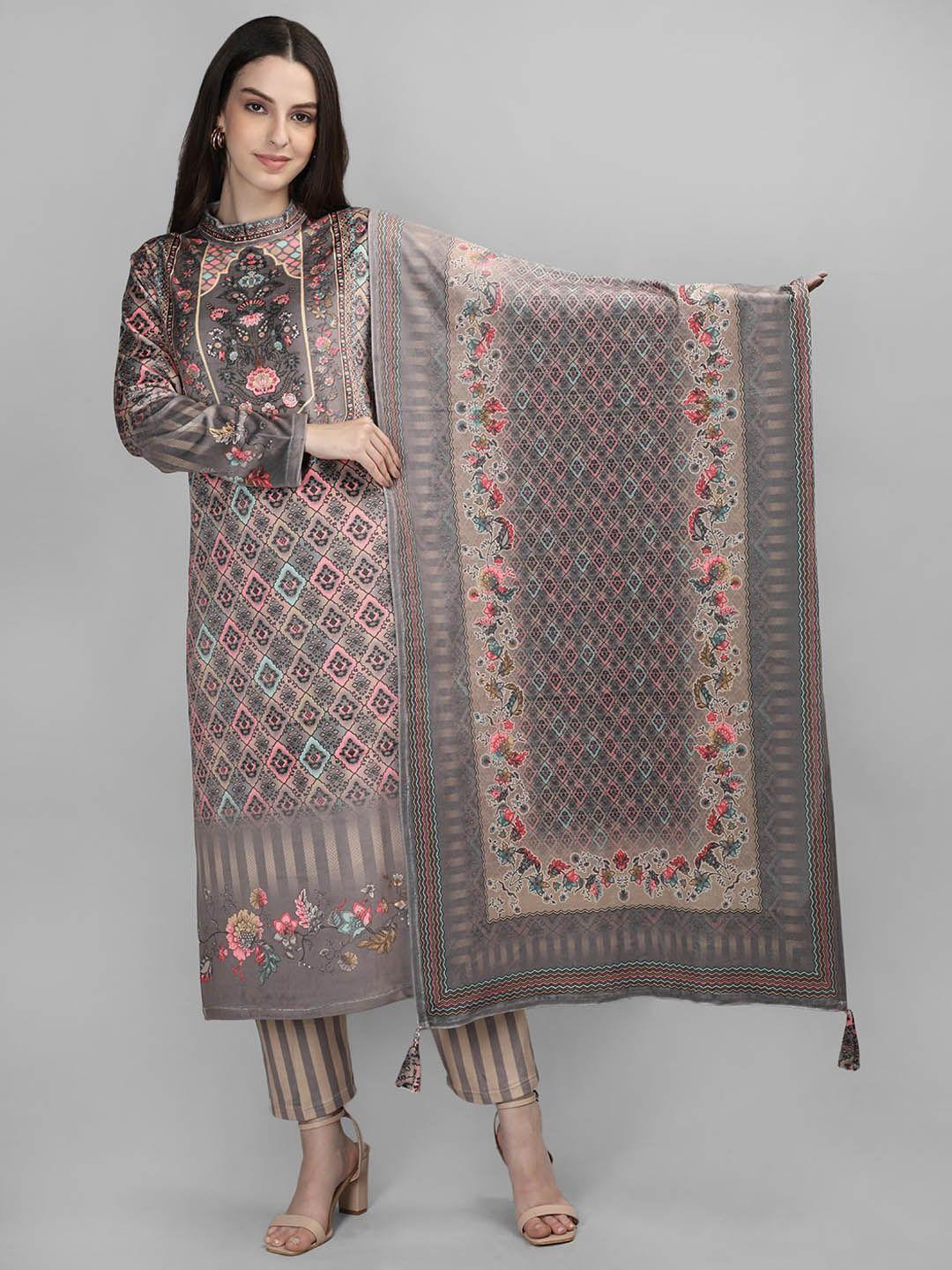 mikhad floral printed band collar velvet kurta with trousers & dupatta