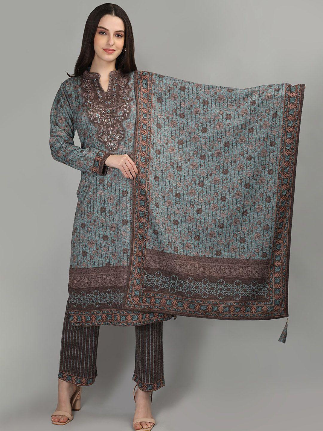 mikhad floral printed mandarin collar long sleeve woollen kurta set with dupatta