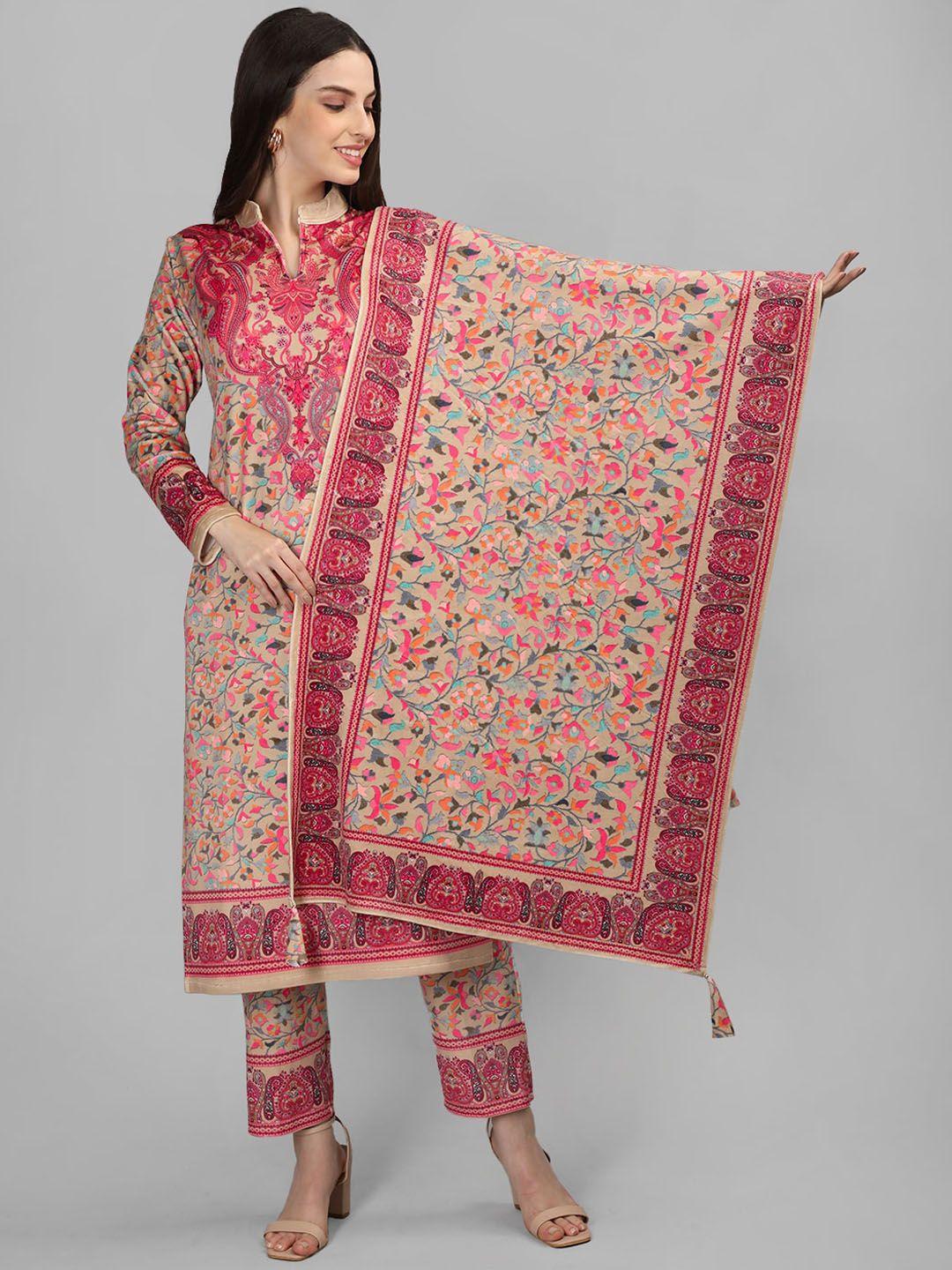 mikhad floral printed pure wool straight kurta with trousers & dupatta
