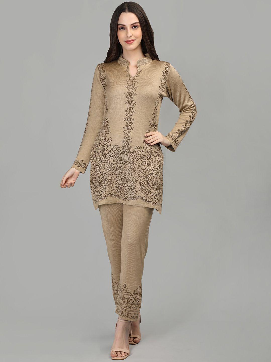 mikhad floral woven design pure wool straight kurta with trousers