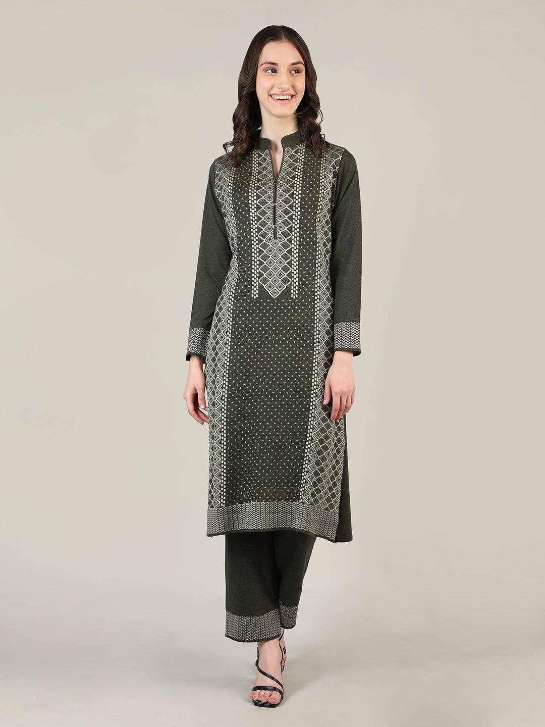 mikhad mandarin collar ethnic motifs printed wool kurta