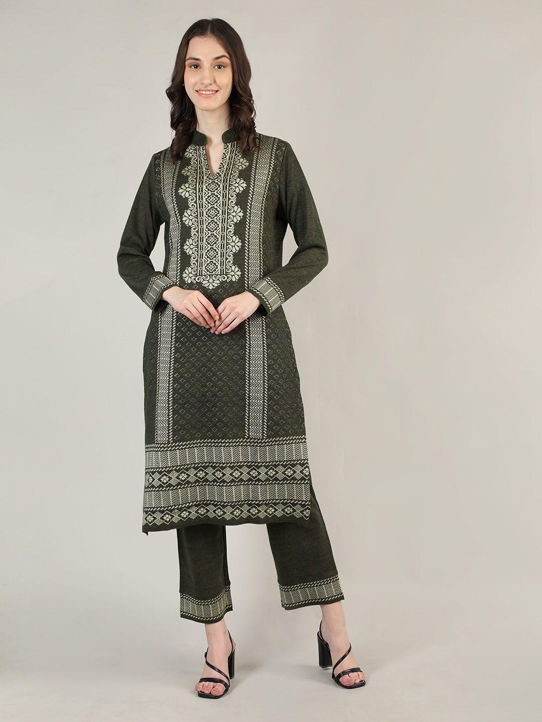 mikhad mandarin collar ethnic motifs printed wool kurta