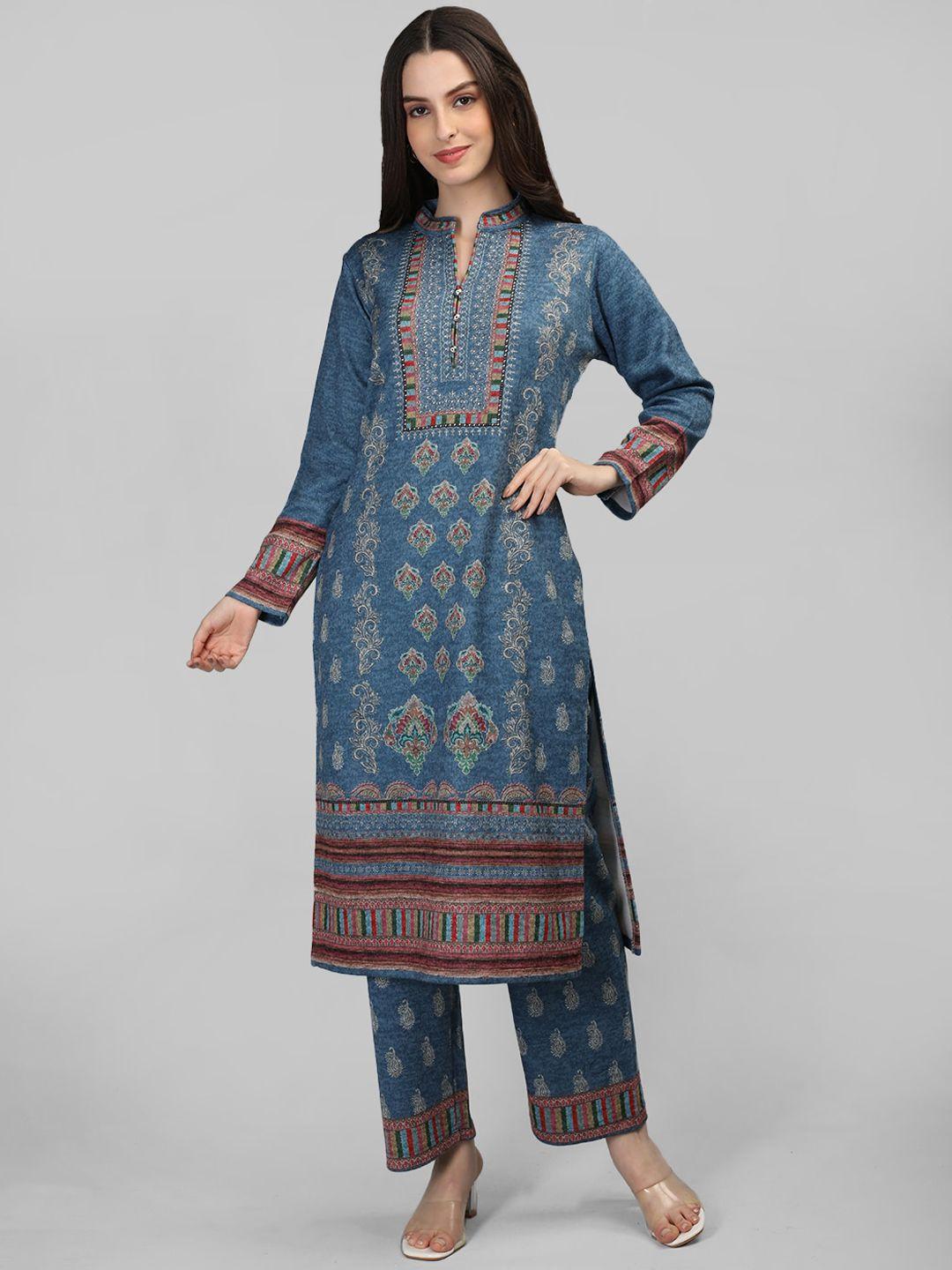 mikhad paisley printed mandarin collar long sleeve woollen kurta set with dupatta