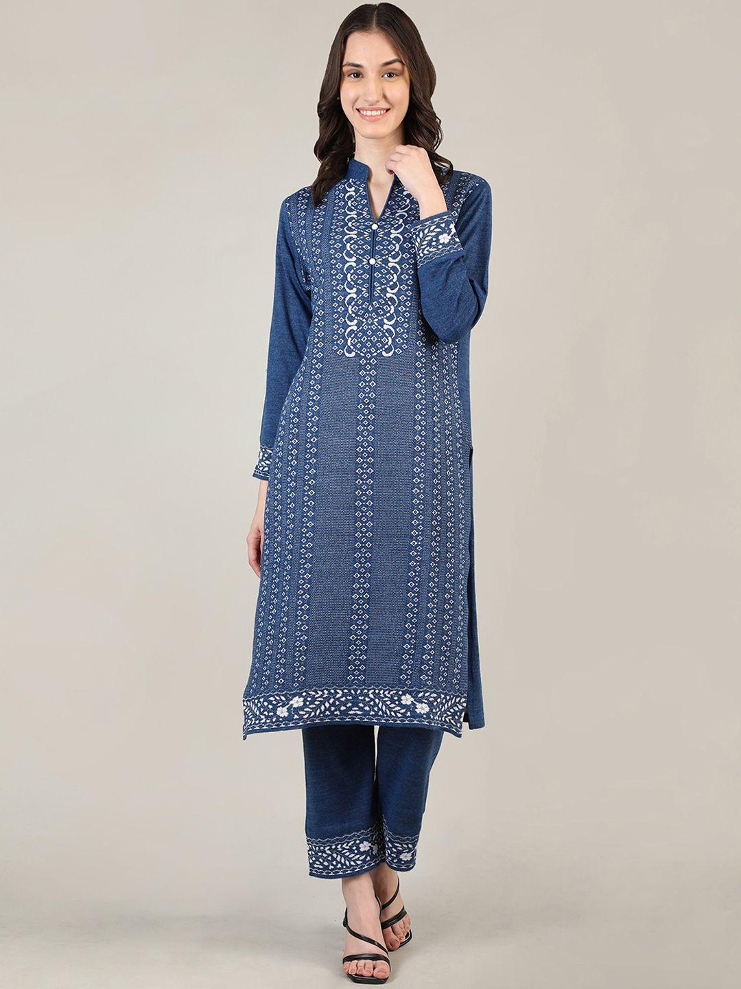 mikhad self design band collar kurta with trousers & dupatta