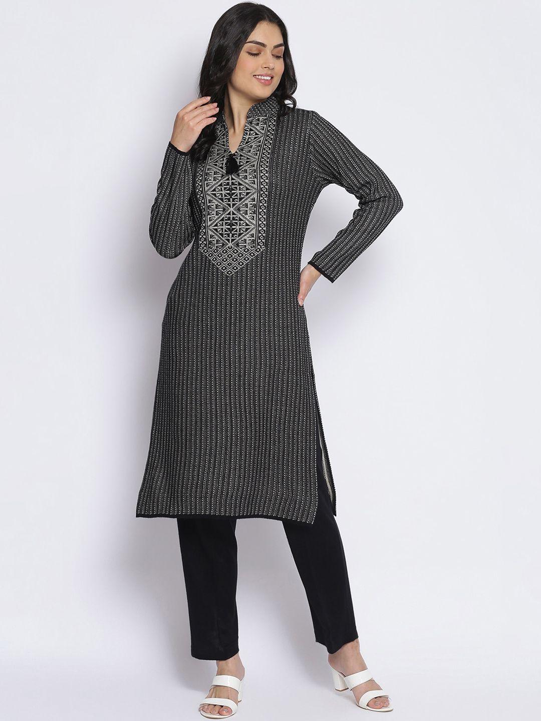 mikhad women black ethnic motifs embroidered straight  kurta with trousers