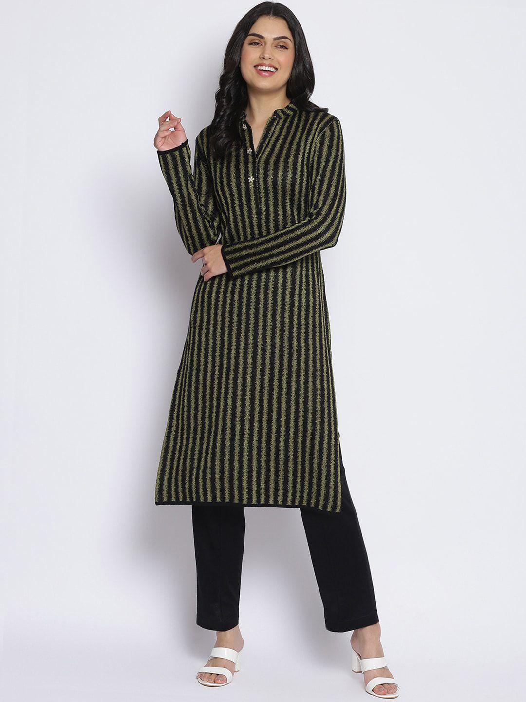 mikhad women black striped acrylic straight kurta with trousers