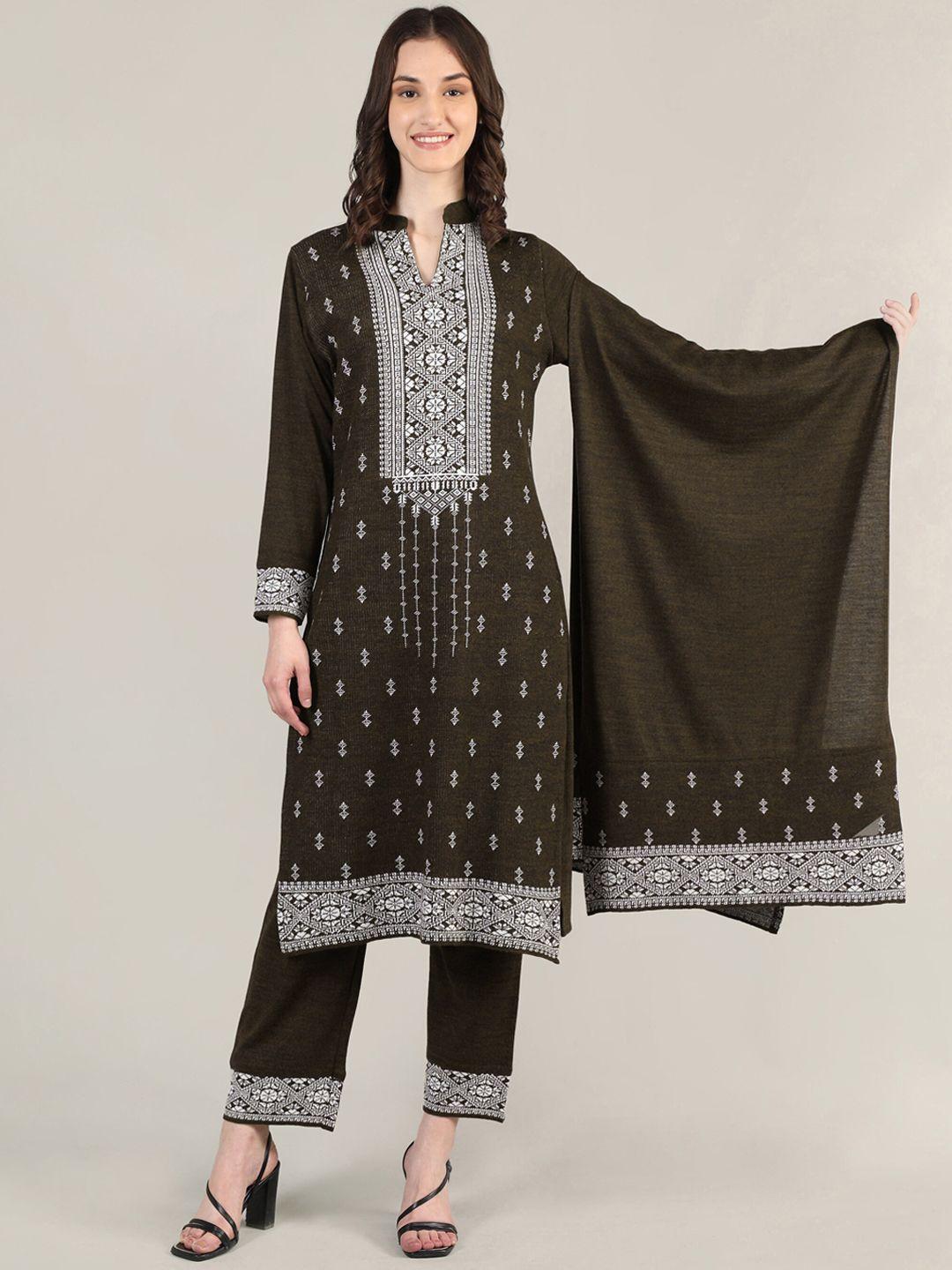 mikhad women coffee brown ethnic motifs thread work kurta with trousers & with dupatta