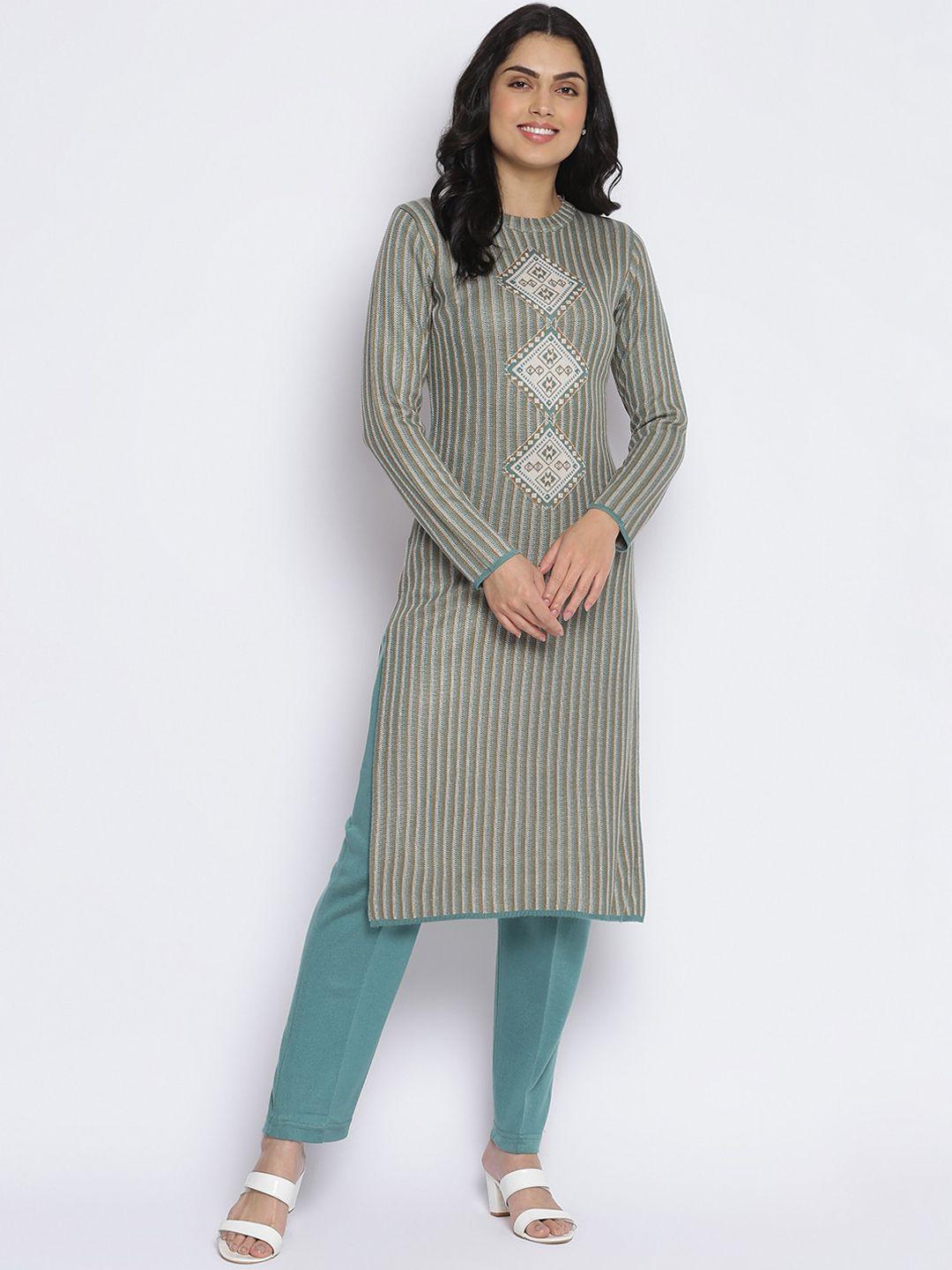 mikhad women green & brown striped jacquard kurta