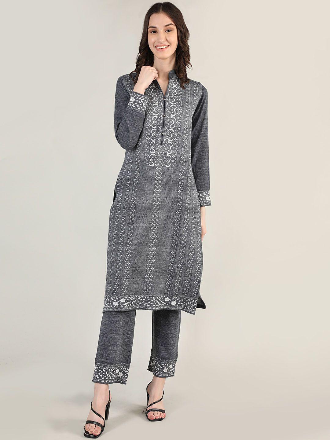 mikhad women grey melange kurta with trousers & with dupatta