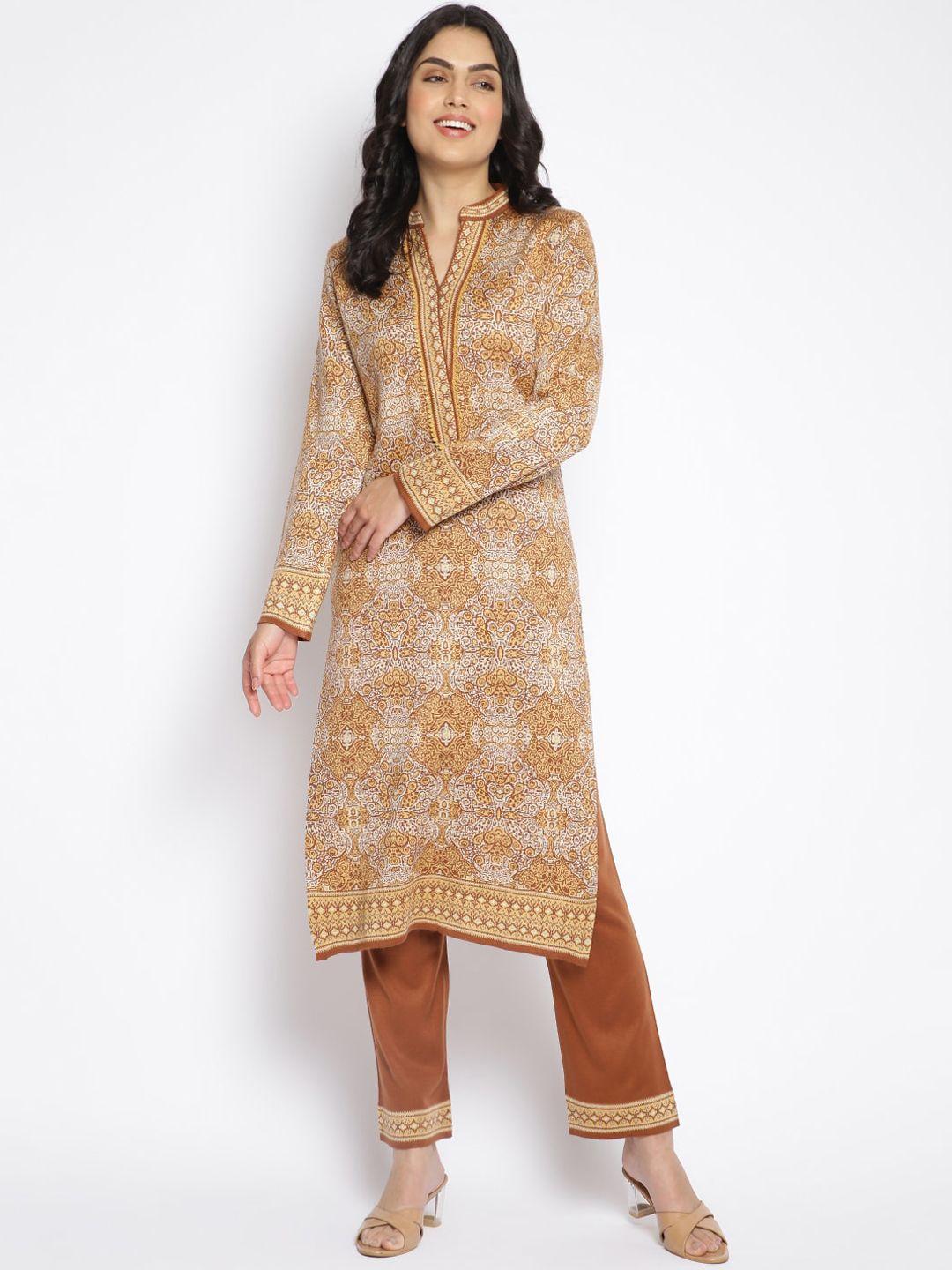 mikhad women mustard yellow ethnic motifs woolen kurta with trousers