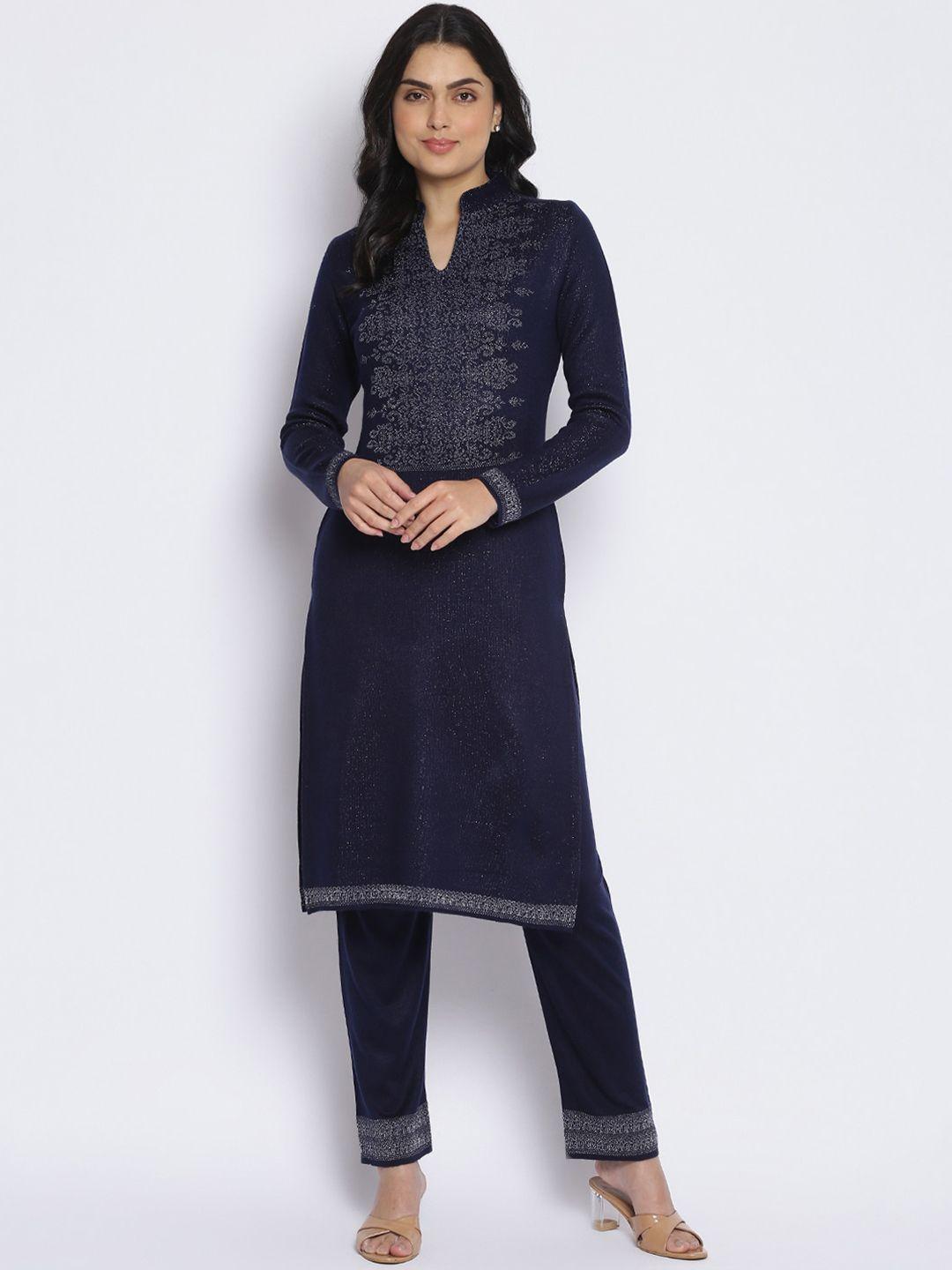 mikhad women navy blue ethnic motifs kurta with trousers