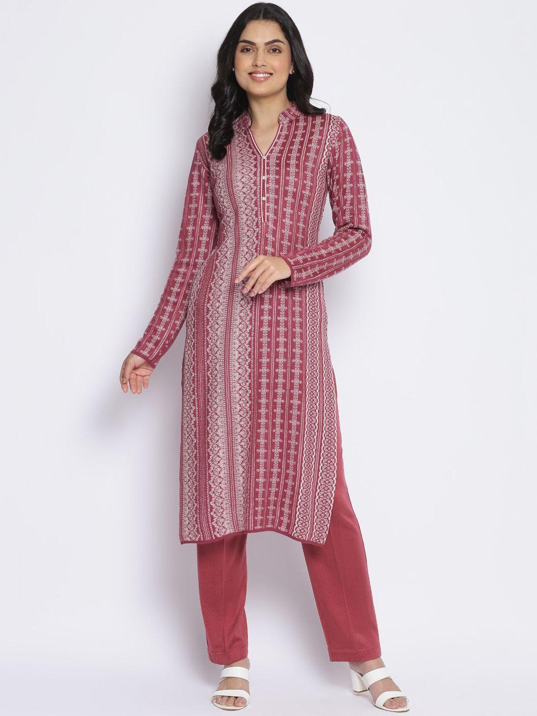 mikhad women pink & white ethnic motifs printed jacquard kurta