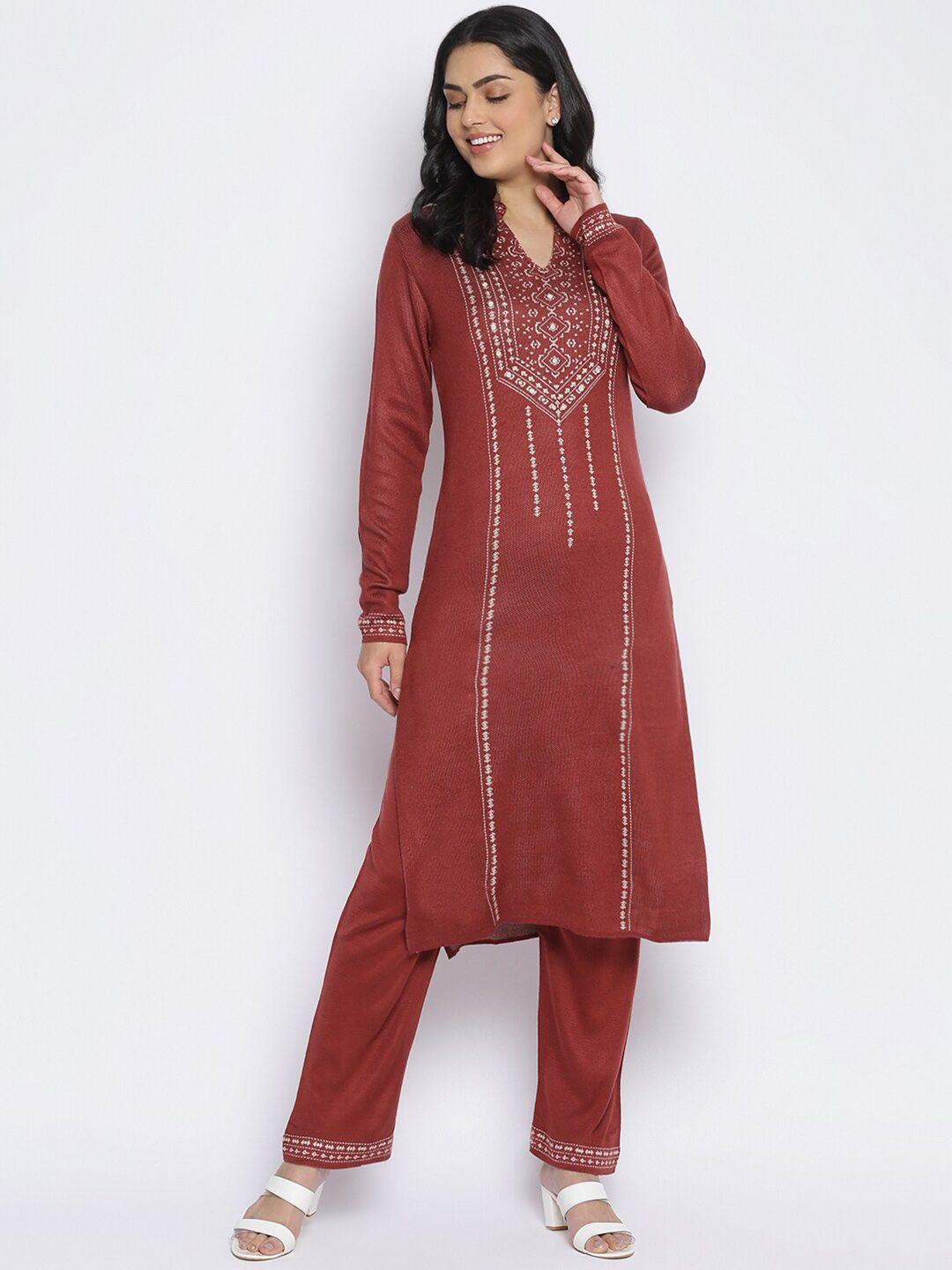 mikhad women rust ethnic motifs embroidered kurta with trousers