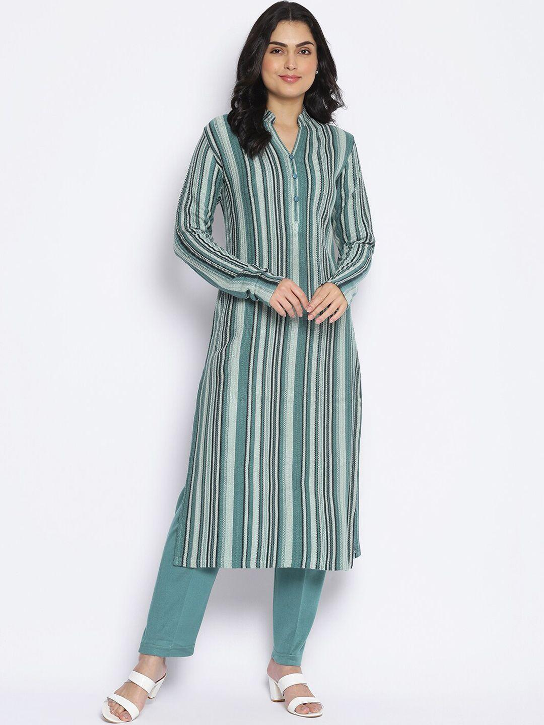 mikhad women sea green striped kurta with trousers