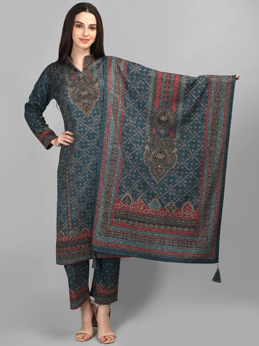 mikhad women teal bandhani printed regular kurta with trousers & with dupatta