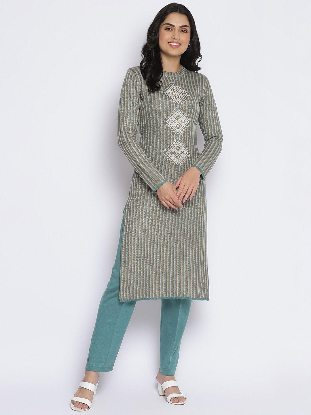 mikhad women teal striped kurta with trousers