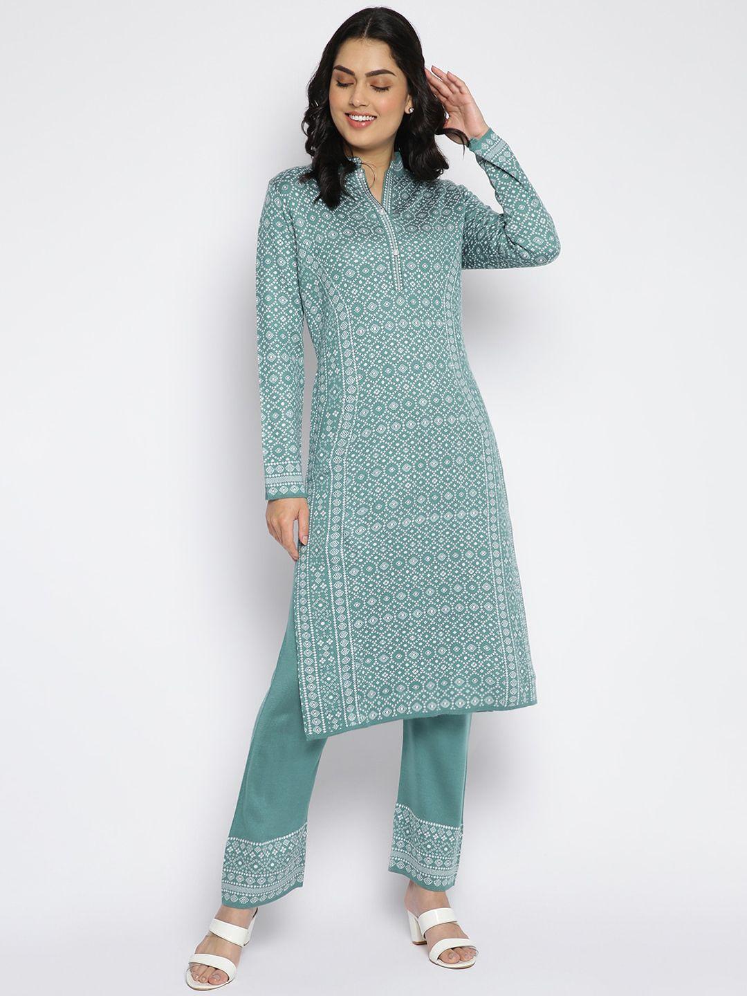mikhad women turquoise blue printed kurta with trousers