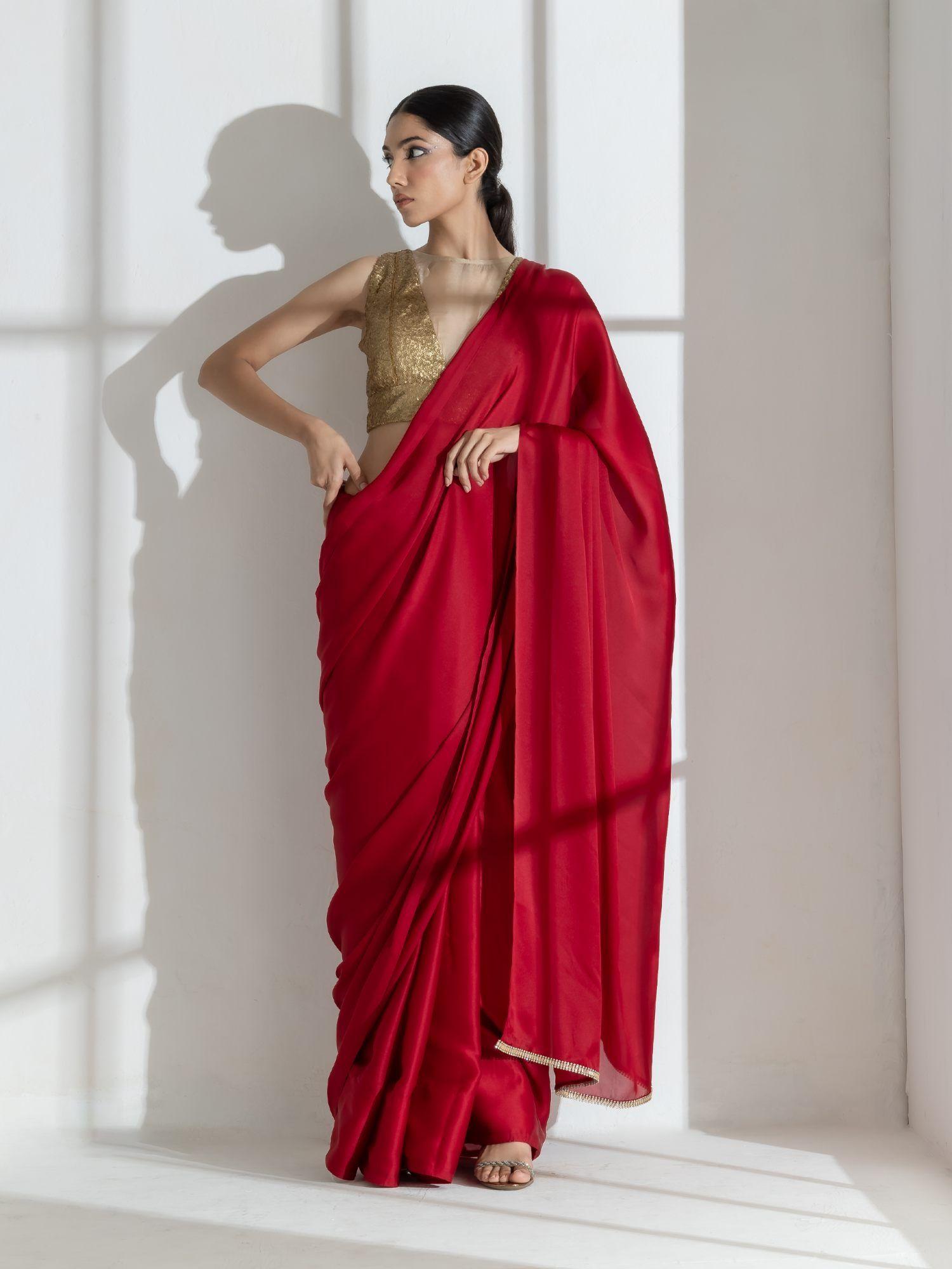 milano red satin saree with diamond lace