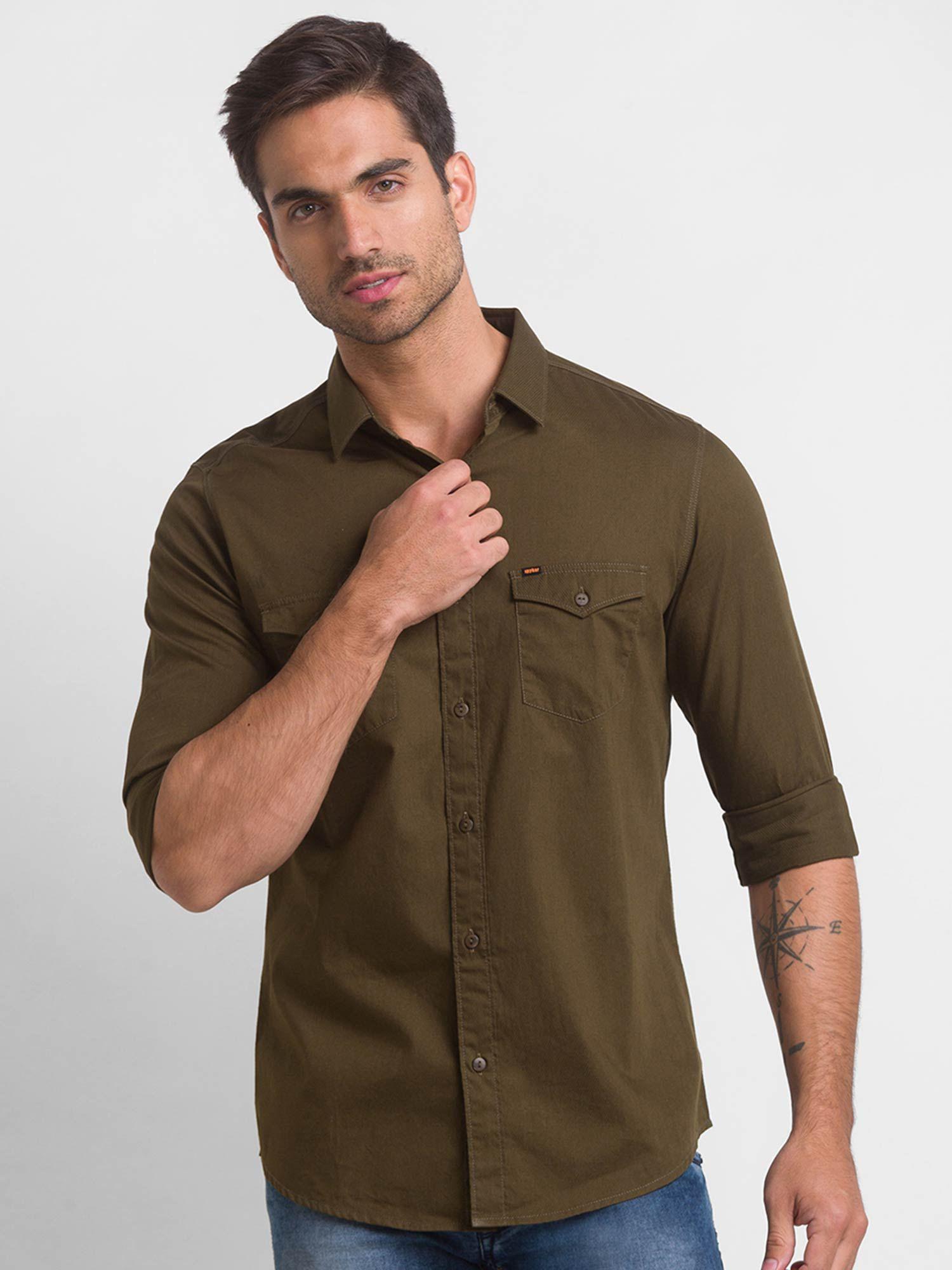 military green cotton full sleeve plain shirt for men