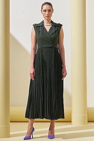military green pleated crepe gown