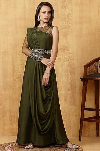 military green draped gown with embellished belt