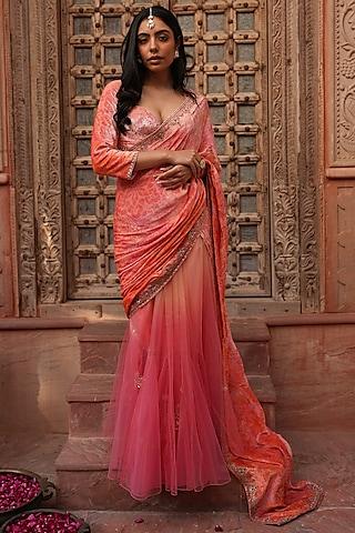 millenial pink ombre embroidered saree set