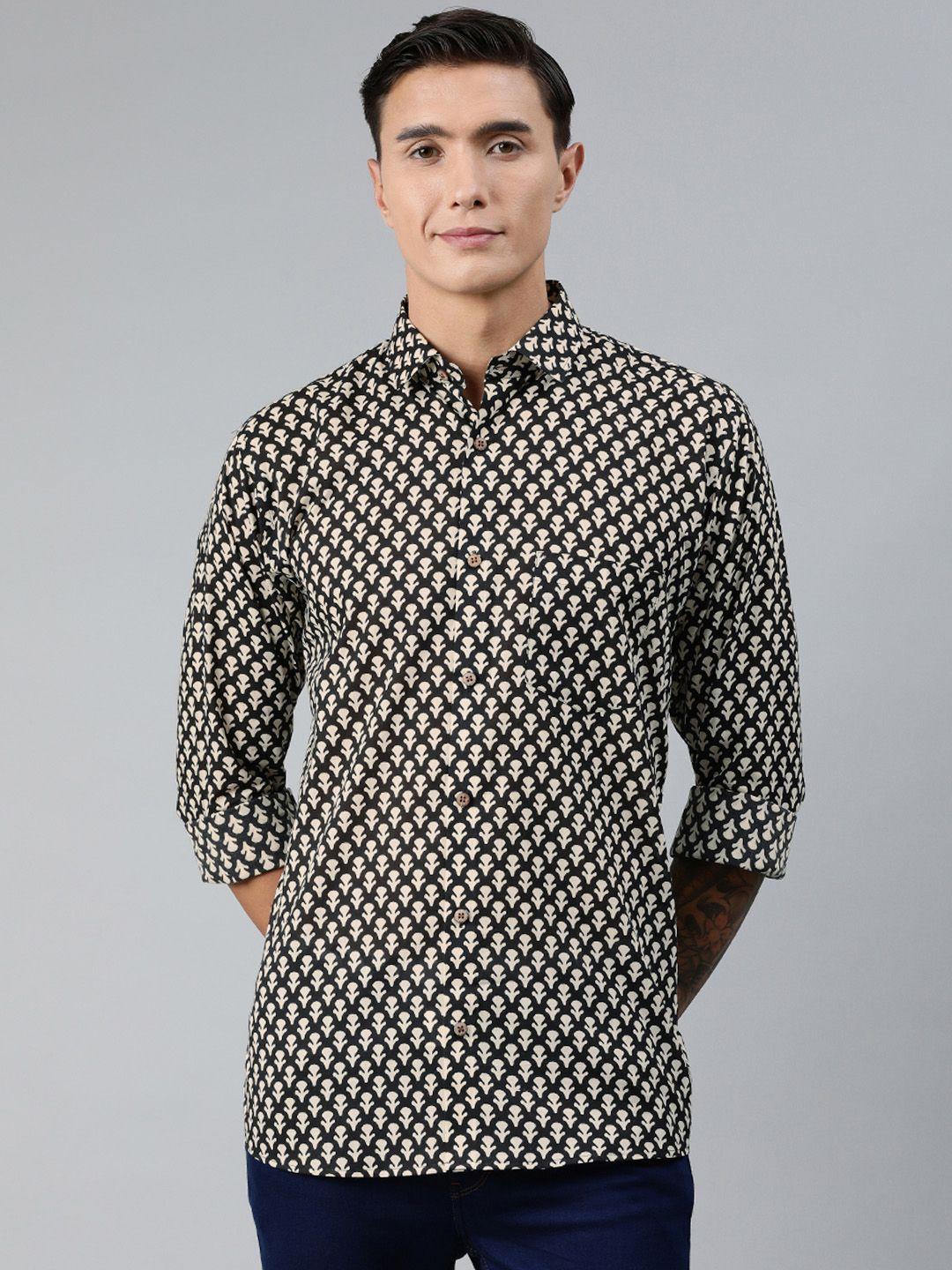 millennial men  black & cream-coloured regular fit printed casual shirt