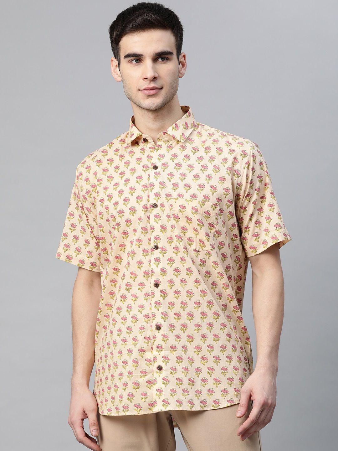 millennial men beige floral printed pure cotton casual shirt