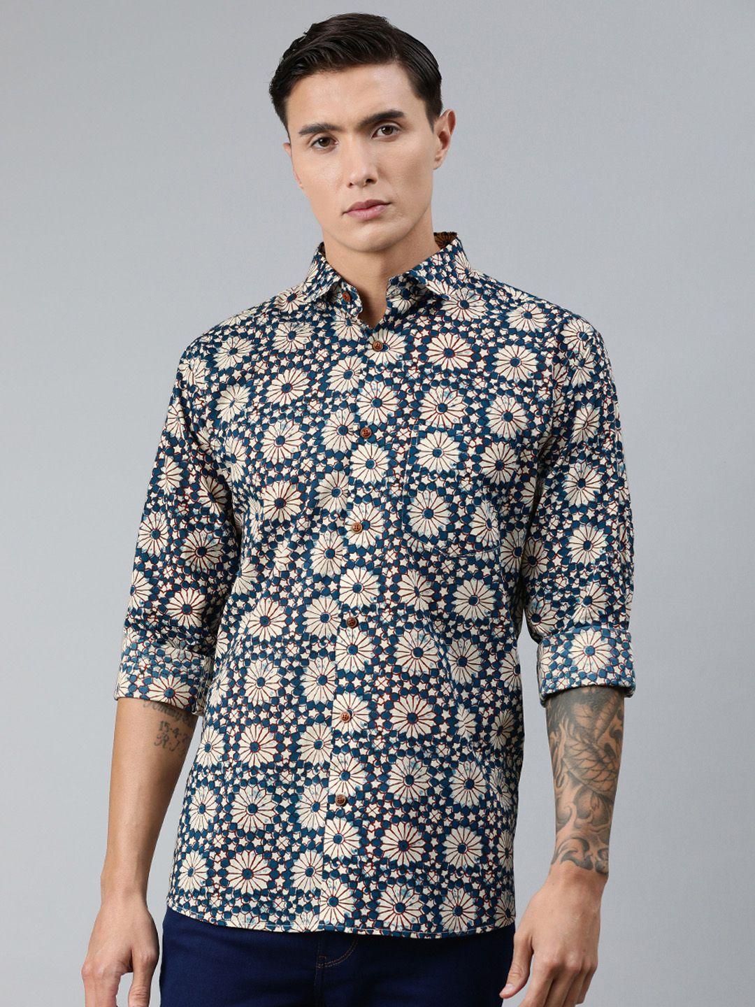 millennial men men blue & cream-coloured regular fit printed casual shirt