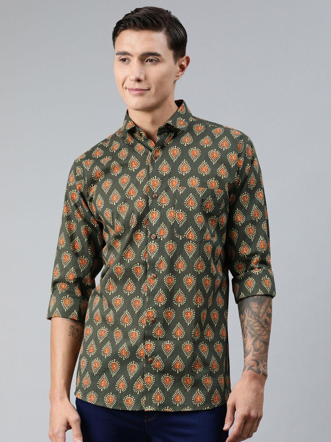 millennial men men green & orange regular fit printed casual shirt