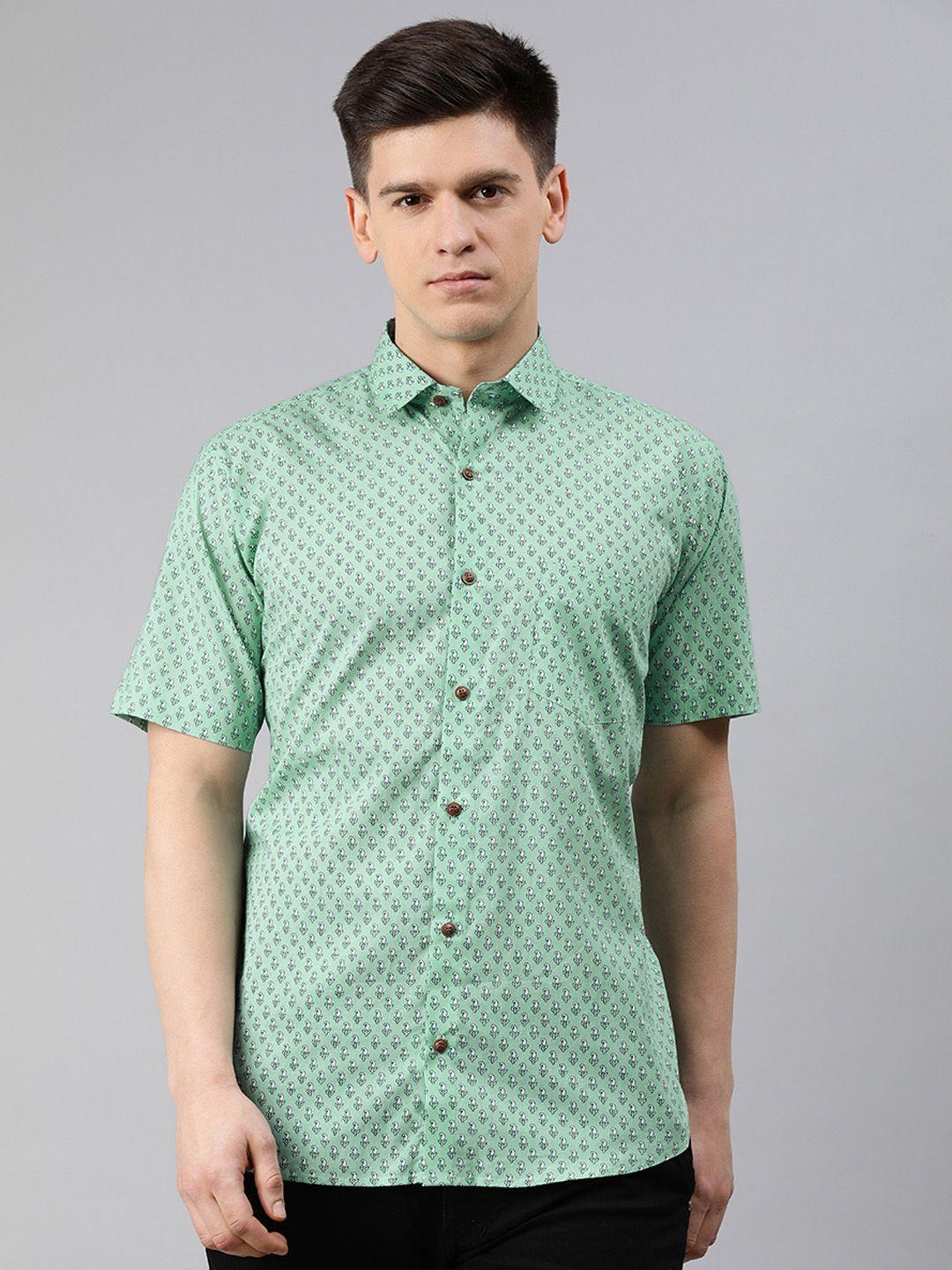 millennial men men green & white regular fit printed casual shirt