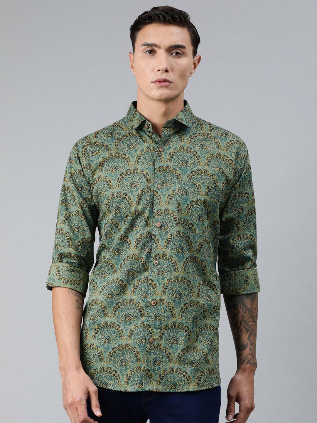 millennial men men green & yellow regular fit printed casual shirt