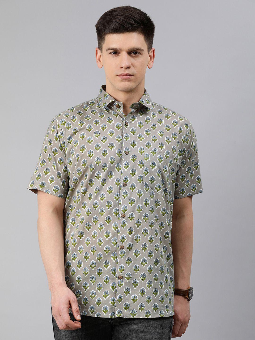 millennial men men grey & green regular fit floral printed casual shirt