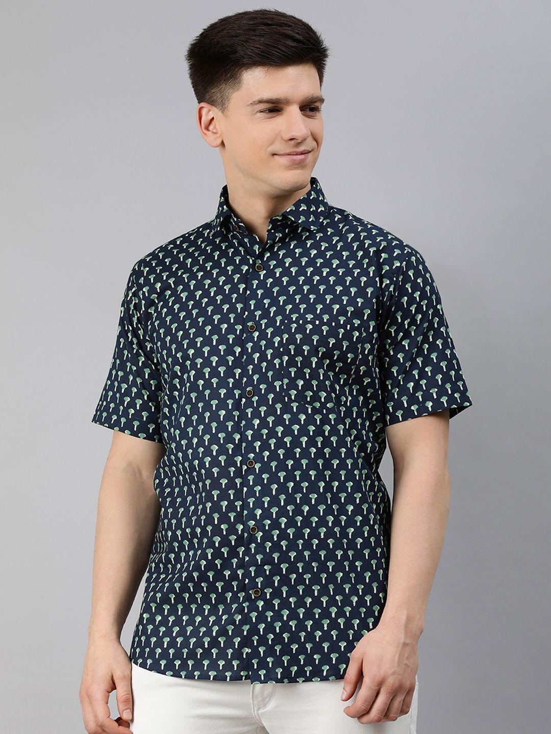 millennial men men navy blue & green regular fit printed casual shirt
