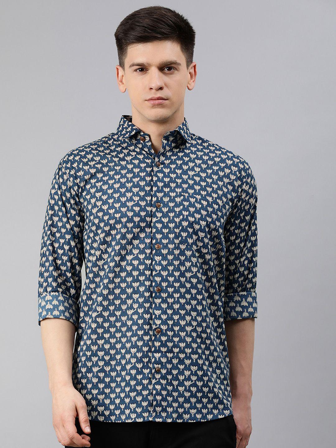 millennial men men teal blue & off-white regular fit floral printed casual shirt