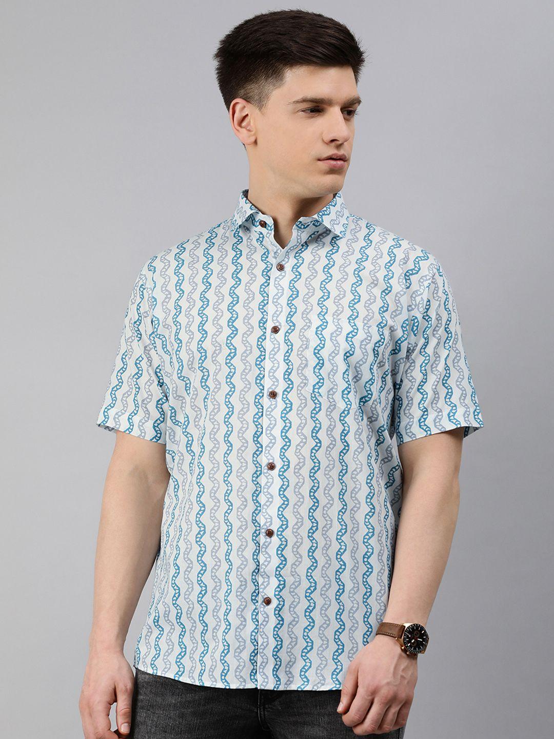 millennial men men white & blue regular fit printed casual shirt