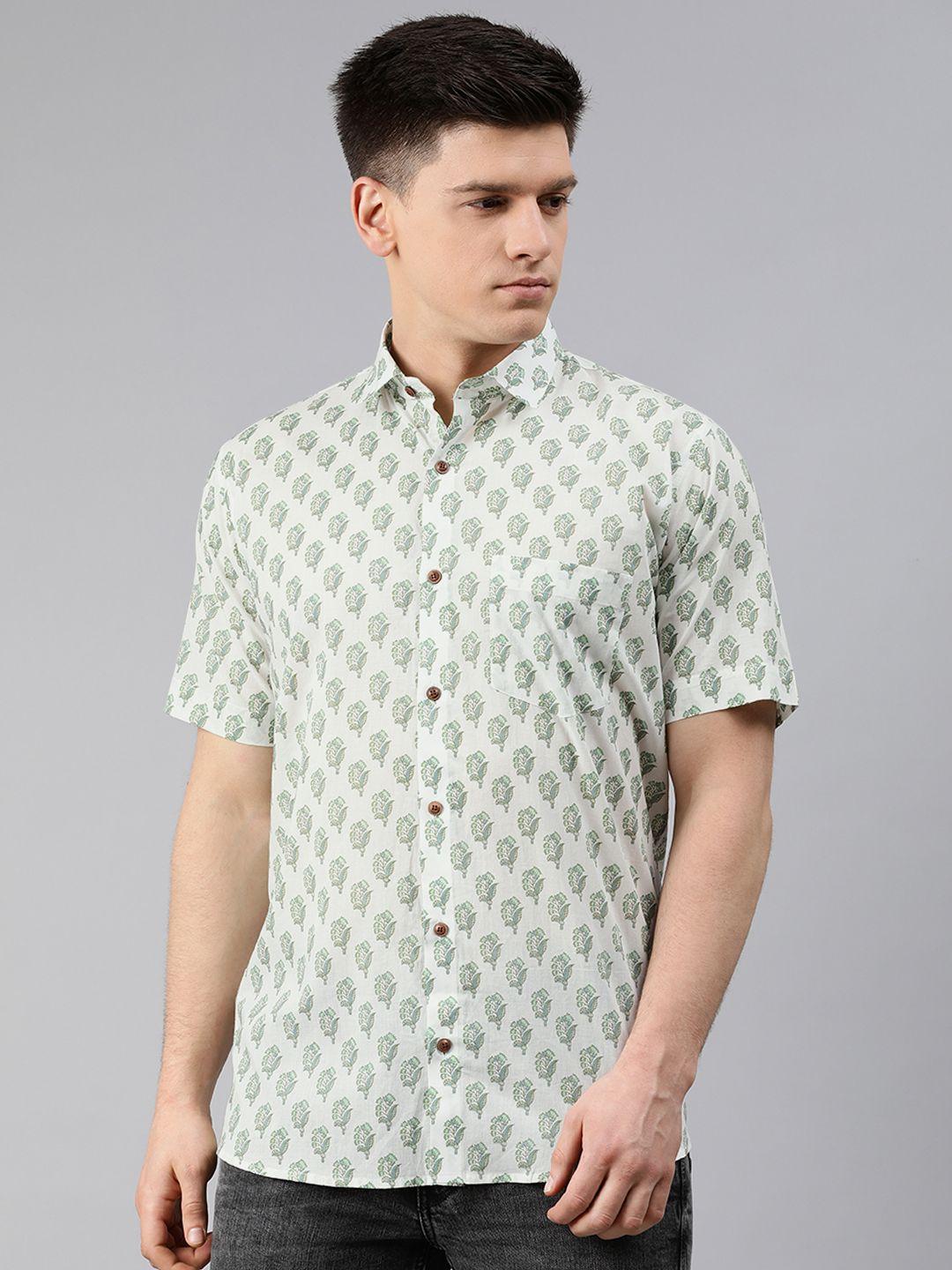 millennial men men white & green regular fit printed pure cotton casual shirt
