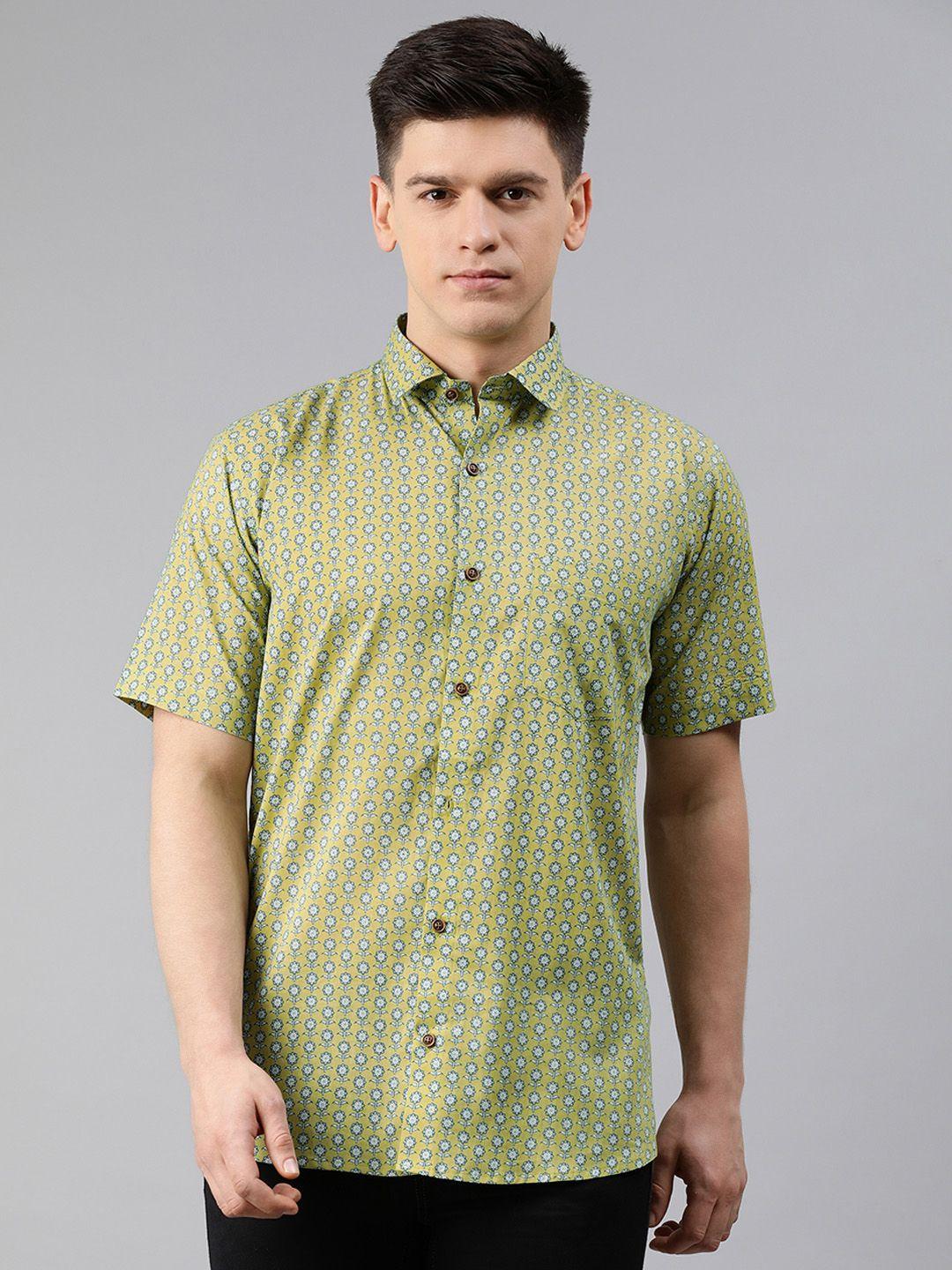 millennial men men yellow & blue regular fit printed pure cotton casual shirt